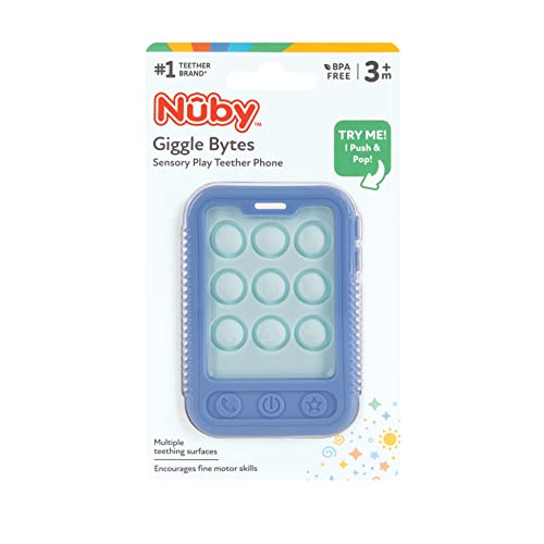 Nuby Baby Teething Toy, 3+ Months, Giggle Bytes Sensory Popper Cellphone, Blue