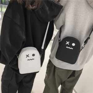 GESALOP Funny Cute Ghost Kawaii Women's Canvas Bag Cartoon Harajuku Wallet Women's Shoulder Bag Kawaii Wallet (Black-1)