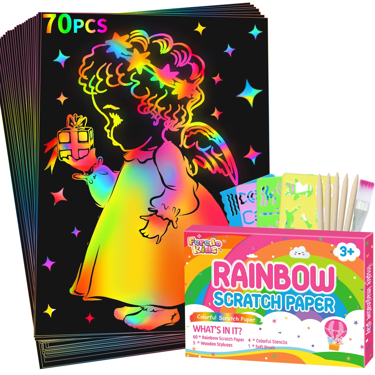 FEREDO KIDS Scratch Paper Gifts for Kids Set: 70Pcs Rainbow Scratch Art for Kids Arts and Crafts Kit for Girl Boy Crafts for Kids Ages 4-8 Birthday Halloween Christmas Party Gift Kids Activities