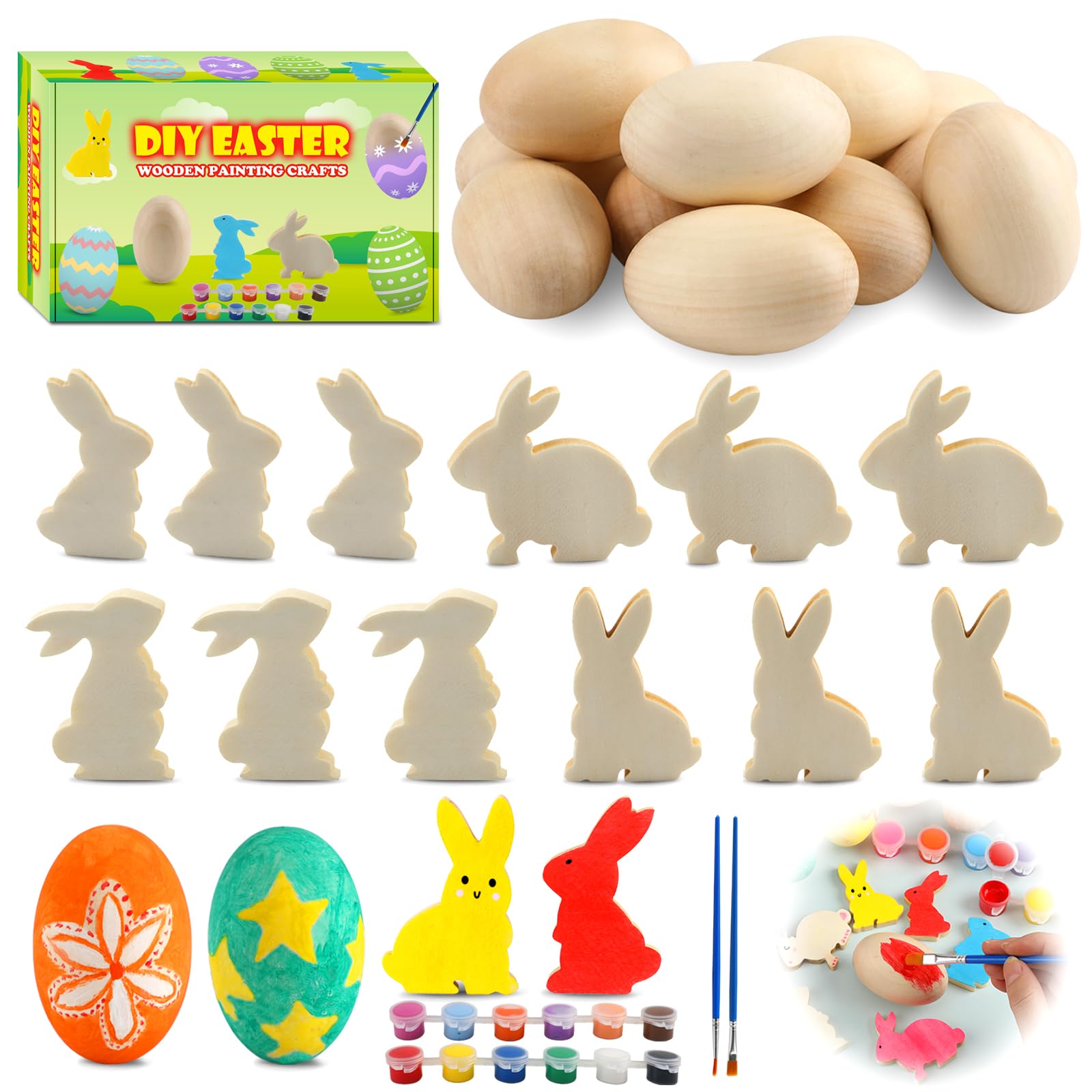 Easter Egg Painting Kit, 24pcs Wooden Eggs and Bunny for Crafts Easter Basket Stuffers Gifts Easter Crafts for Kids Toddlers Boys Girls Ages 4-8 8-12 Birthday Party Favors Classroom Prizes DIY Decor