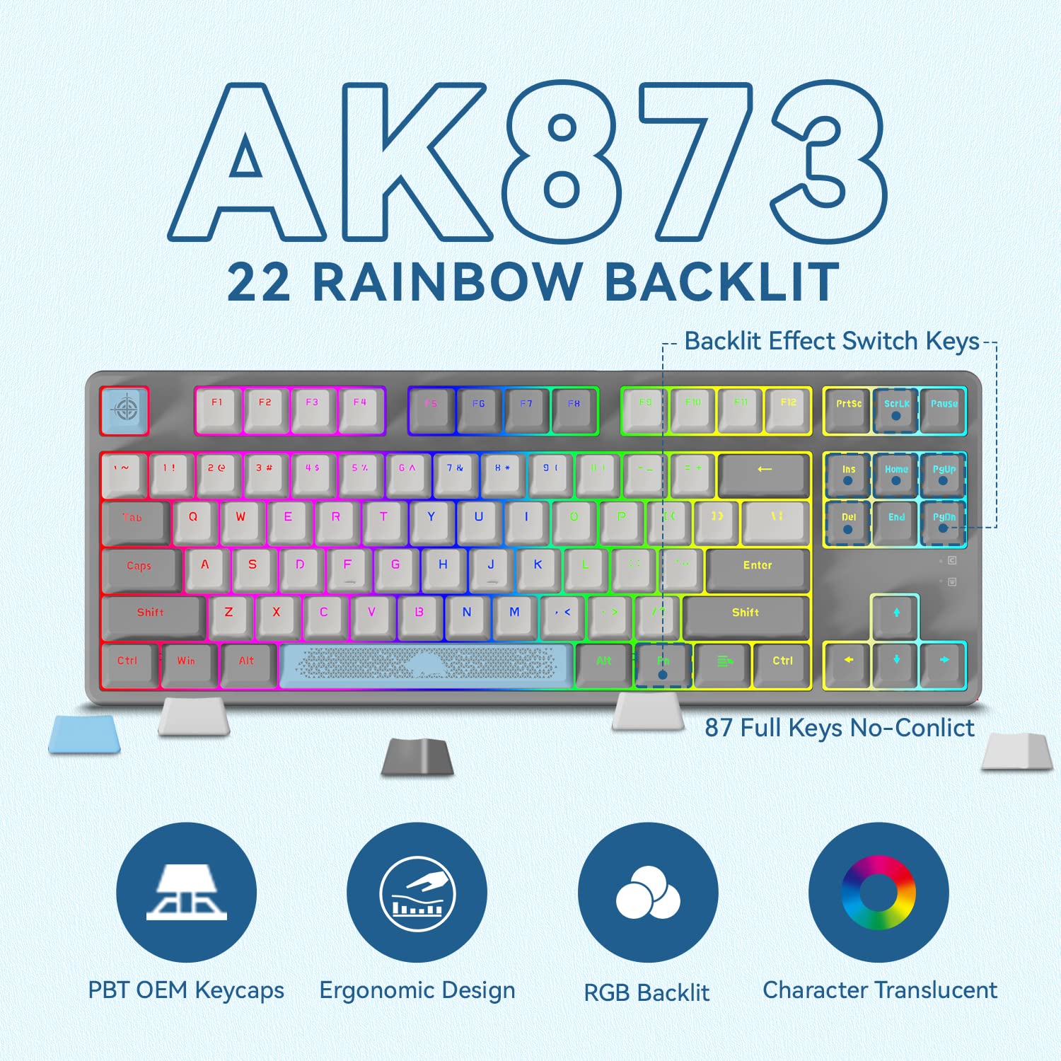 MAGIC-REFINER AK873 Gaming Keyboard,Rainbow Led Backlit,Hot-Swappable,PBT Keycap,75% TKL Layout,Ergonomic Mechanical Keyboard with Custom Coiled USB/Type-C Aviation Cable(Blue Grey/Brown Switch)