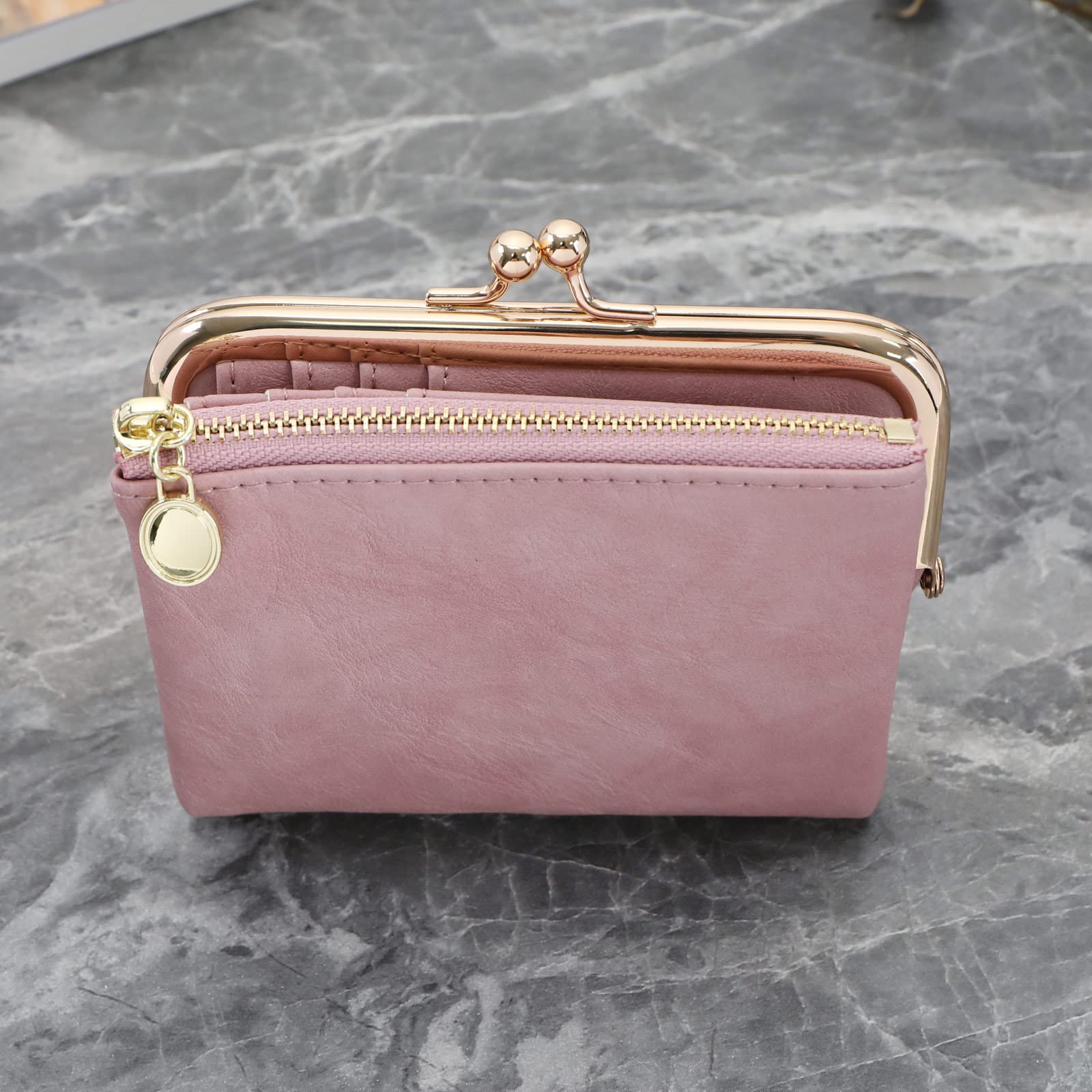 Micro Traders Women Wallet PU Leather Bifold Purse with Zipper and Kiss Lock Bank Card Storage Bag Vintage Small Compact Multifunctional Coin Pocket 12x10cm Pink