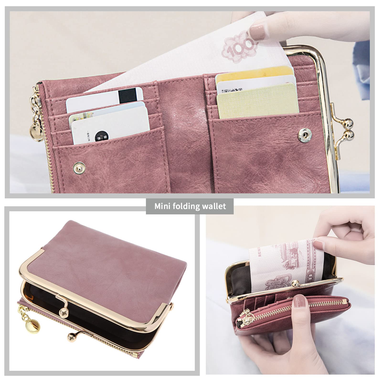 Micro Traders Women Wallet PU Leather Bifold Purse with Zipper and Kiss Lock Bank Card Storage Bag Vintage Small Compact Multifunctional Coin Pocket 12x10cm Pink