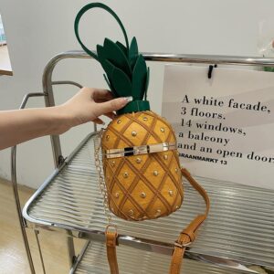 OXYPLAY 3D Pineapple Bucket Purse for Women,Trendy Chain Messenger Crossbody Bag with Rivet， Tropical Hawaiian Party Shoulder Handbag (Yellow)