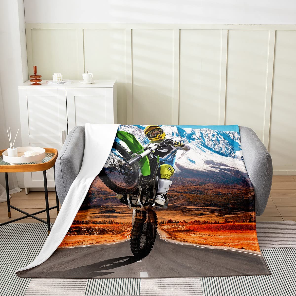 Erosebridal Motocross Bed Blanket Queen 90x90 Dirt Bike Flannel Blanket for Teens Youth Motorcycle Rider Throw Blanket All Season Snow Mountain Landscape Fleece Blanket Lightweight Warm