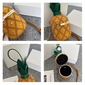 OXYPLAY 3D Pineapple Bucket Purse for Women,Trendy Chain Messenger Crossbody Bag with Rivet， Tropical Hawaiian Party Shoulder Handbag (Yellow)