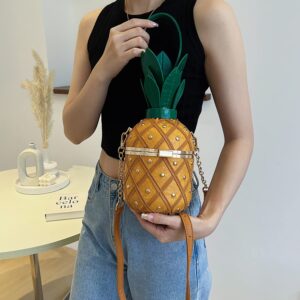 OXYPLAY 3D Pineapple Bucket Purse for Women,Trendy Chain Messenger Crossbody Bag with Rivet， Tropical Hawaiian Party Shoulder Handbag (Yellow)