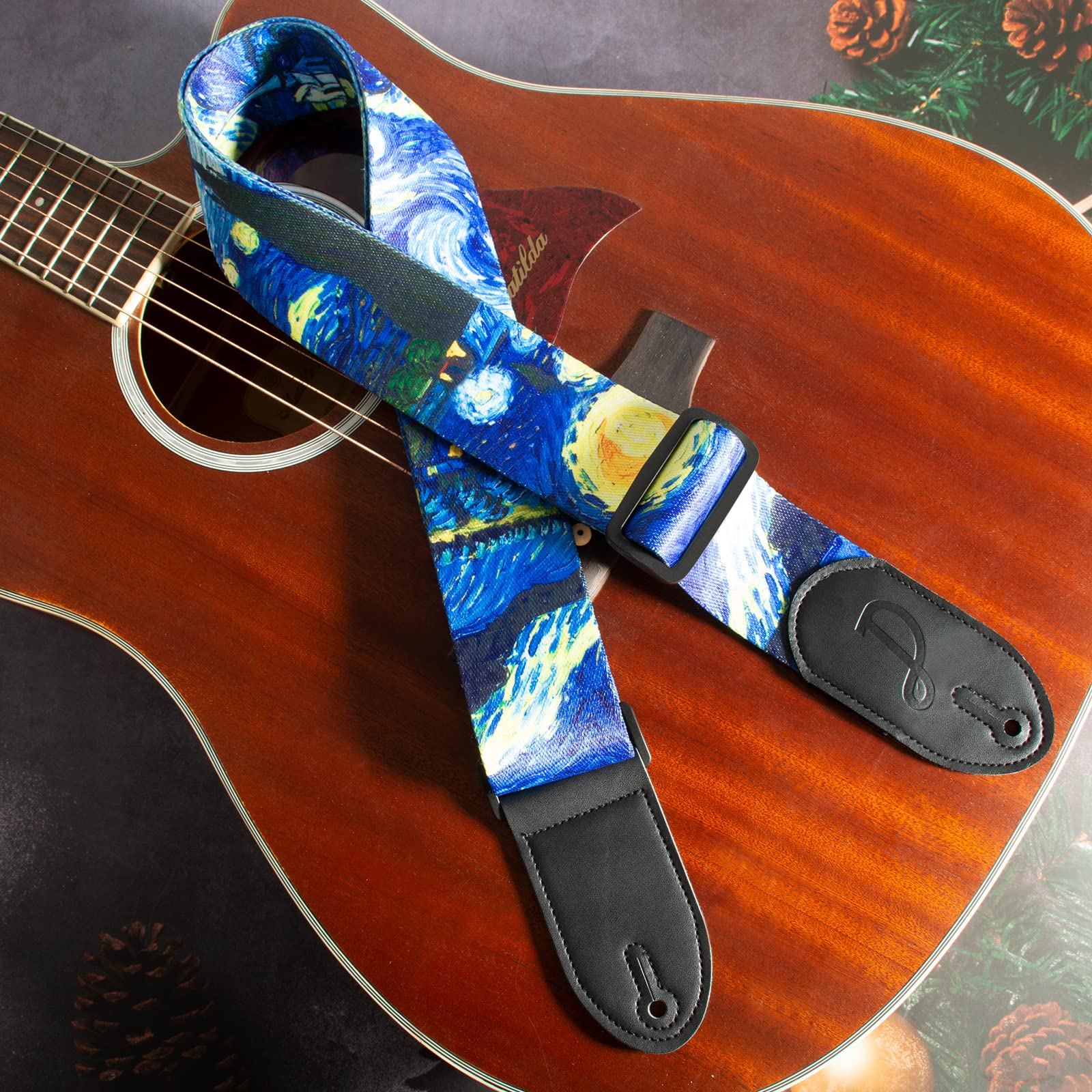 Dulphee Guitar Strap, W/Free 2 Locks & 1 Button, Ultra Comfortable Shoulder Straps for Bass, Electric & Acoustic Guitars (Van Gogh Starry Night)