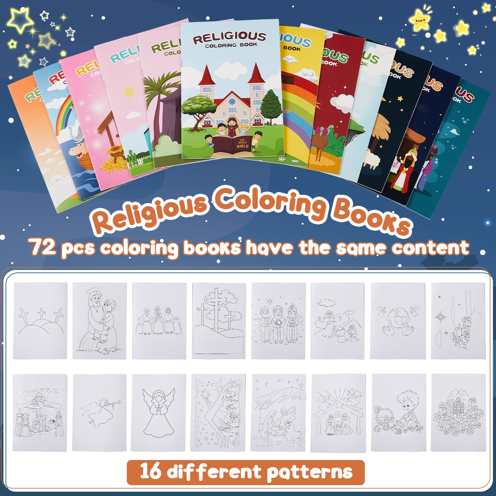 72 Pcs Christian Religious Bible Coloring Books Bulk for Kids DIY Art Drawing Mini Book for Sunday School Prizes Easter Gifts Classroom Rewards Church Activity Carnival Party Favors, 12 Styles