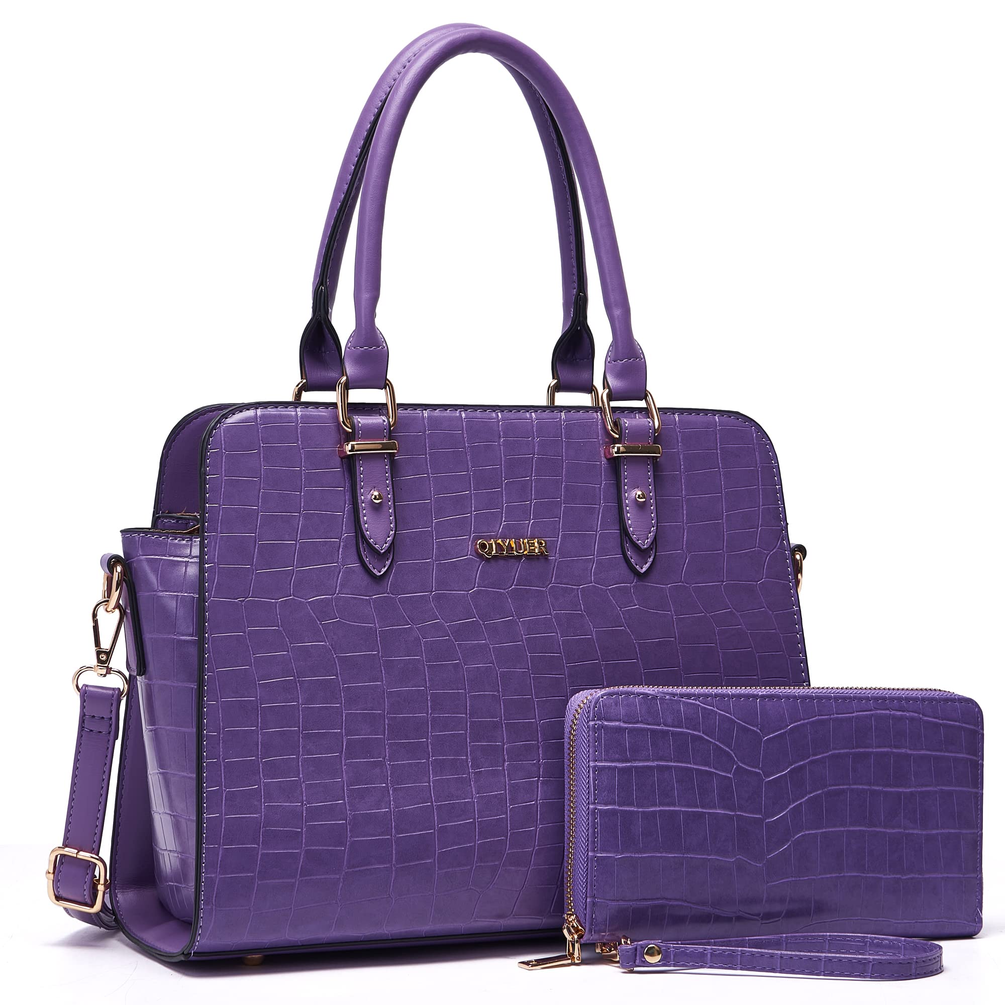 Qiyuer Women Satchel Top Handle Bag Wallet Purse,Purses Work Tote Bags Set 2pcs Purple