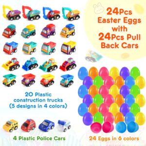 Duchong Prefilled Easter Eggs with Cars Toys for Easter Eggs Hunt, 24 Packs 2.8“ Plastic Eggs with Pull-Back Construction Vehicles, Easter Theme Party Favor, Easter Basket Stuffers for Boys Girls