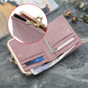 Micro Traders Women Wallet PU Leather Bifold Purse with Zipper and Kiss Lock Bank Card Storage Bag Vintage Small Compact Multifunctional Coin Pocket 12x10cm Pink