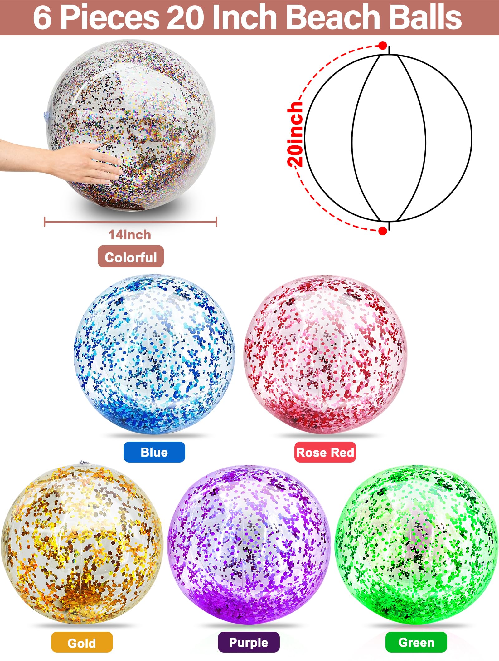 TURNMEON 6 Pack Sequins Beach Ball 20 Inch Jumbo Pool Toys Balls Giant Confetti Glitters Inflatable Clear Beach Ball Swimming Pool Water Beach Toys Outdoor Summer Party Favors for Kids Adults