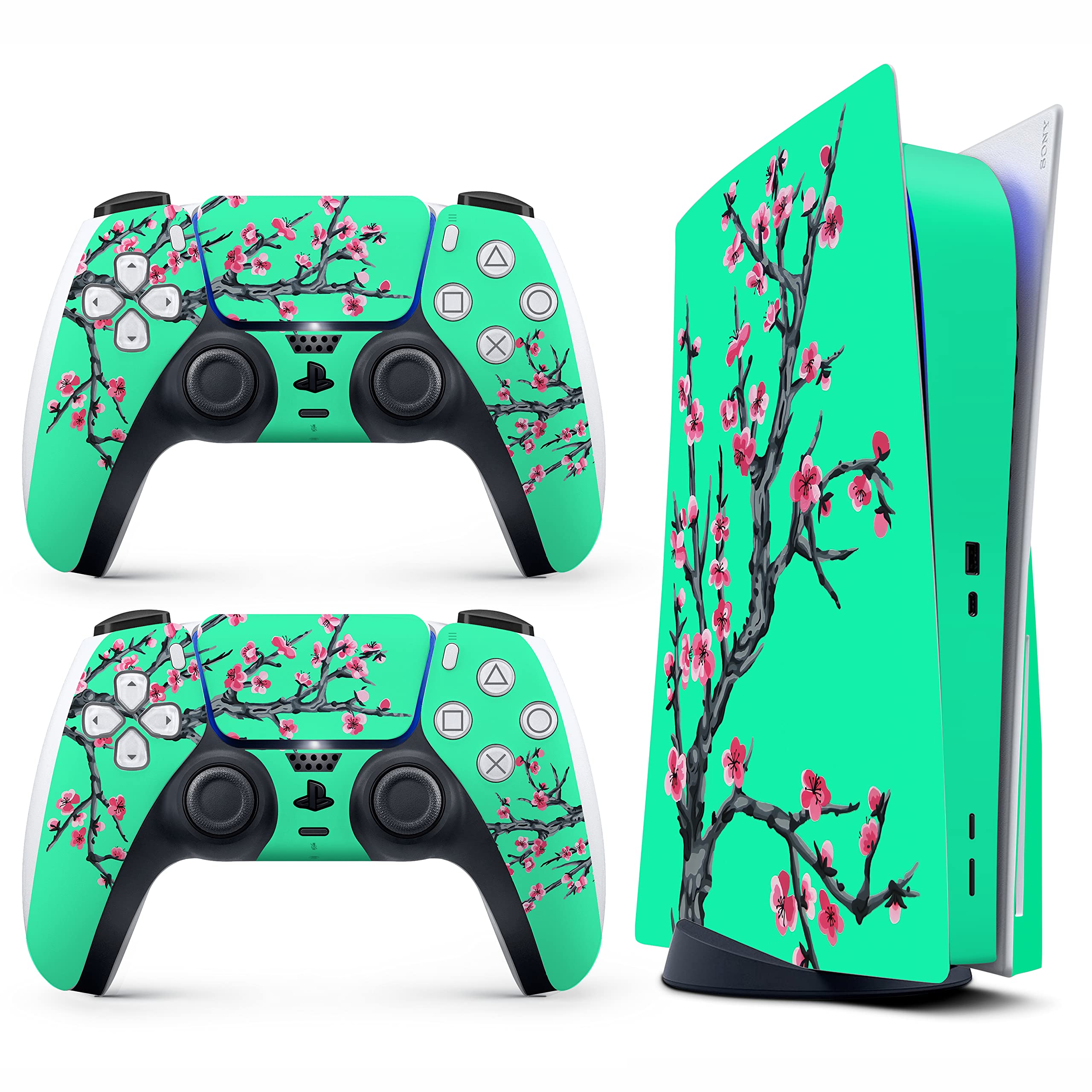 HK Studio Teal Cherry Blossom Decal Sticker Skin Specific Cover for Both PS5 Disc Edition and Digital Edition - Waterproof, No Bubble, Including 2 Controller Skins and Console Skin