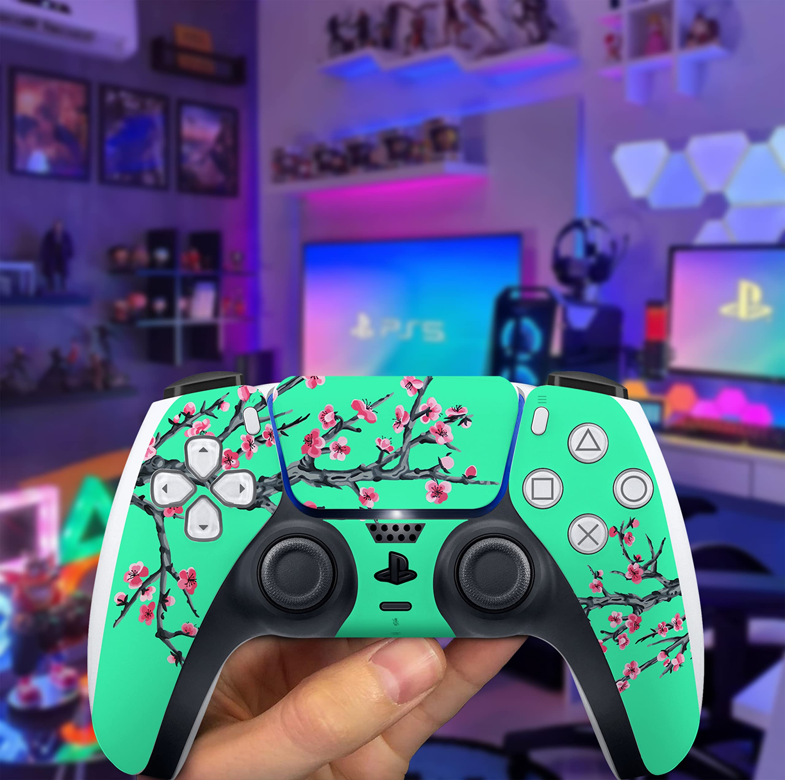 HK Studio Teal Cherry Blossom Decal Sticker Skin Specific Cover for Both PS5 Disc Edition and Digital Edition - Waterproof, No Bubble, Including 2 Controller Skins and Console Skin