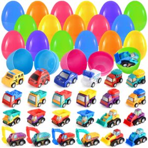 duchong prefilled easter eggs with cars toys for easter eggs hunt, 24 packs 2.8“ plastic eggs with pull-back construction vehicles, easter theme party favor, easter basket stuffers for boys girls