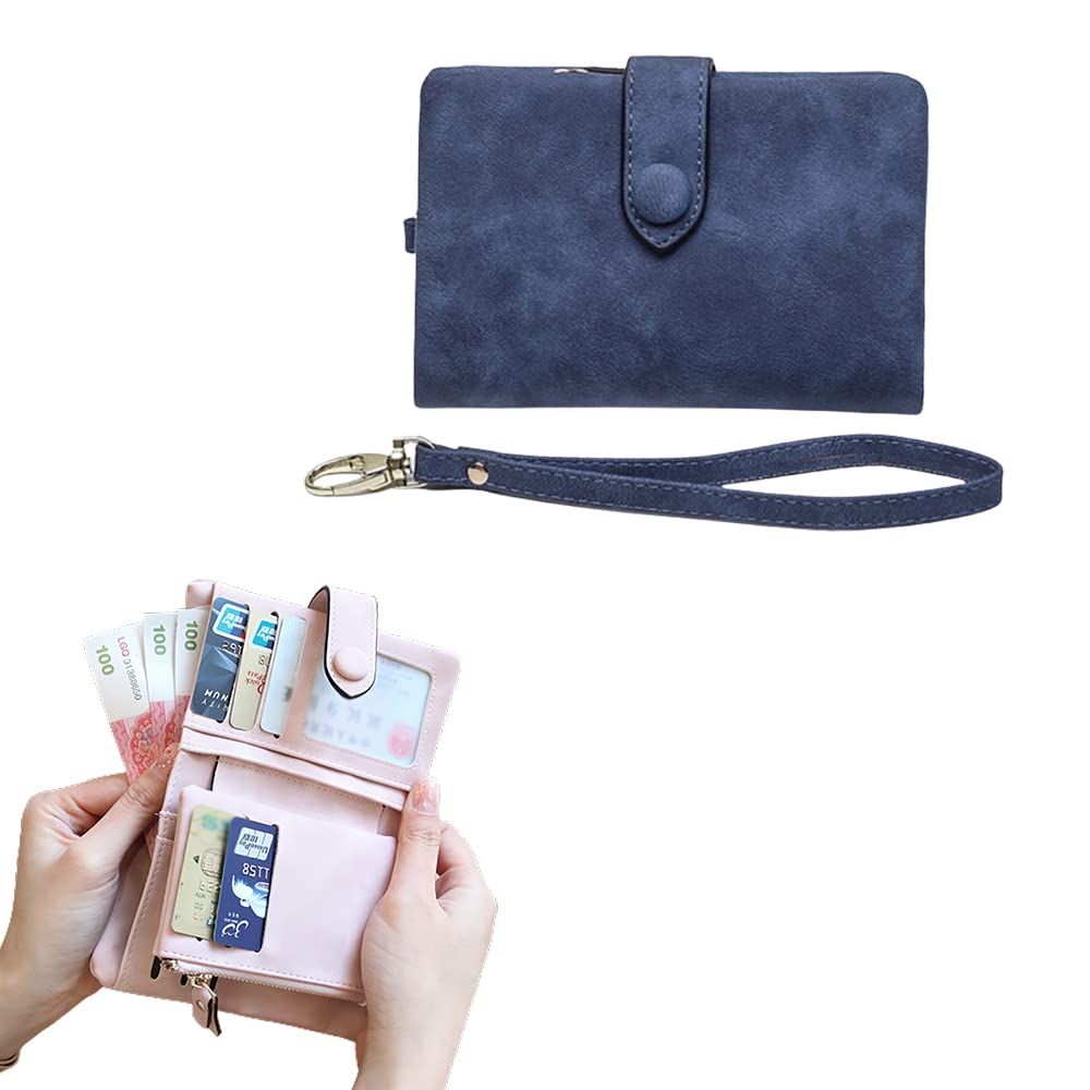 Small Trifold Leather Wallet for Women, Compact Ladies Credit Card Holder Handbag with Strap, Leather Clutch Wallets Multi Card Organizer (Navy)