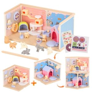 tqqfun cat and dog pretend playset for kids, 50pcs pet figurines toys, toddlers stem building pet dollhouse montessori toy, cat condo for boys and girls