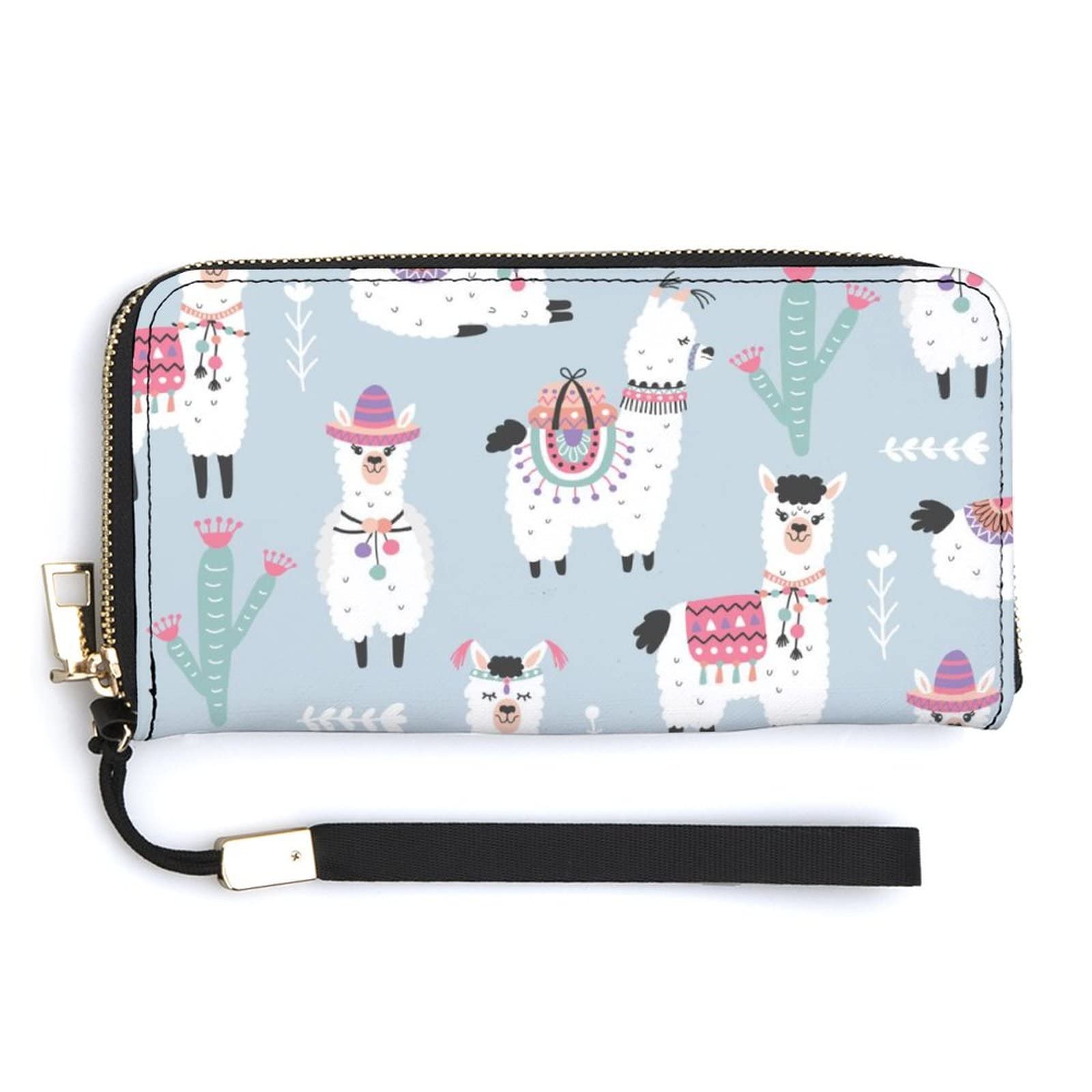 FunnyStar Cartoon Llama Alpaca Women's Long RFID Hand Wallet Wristlet Clutch Purse PU Leather Handbag with Wrist Strap