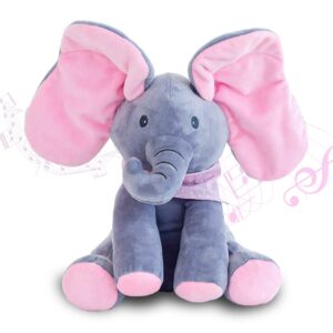 13march ellie the elephant - musical peek-a-boo elephant toy - interactive stuffed baby animal with moving ears for baby - hide and seek fun - elephant plush baby toy