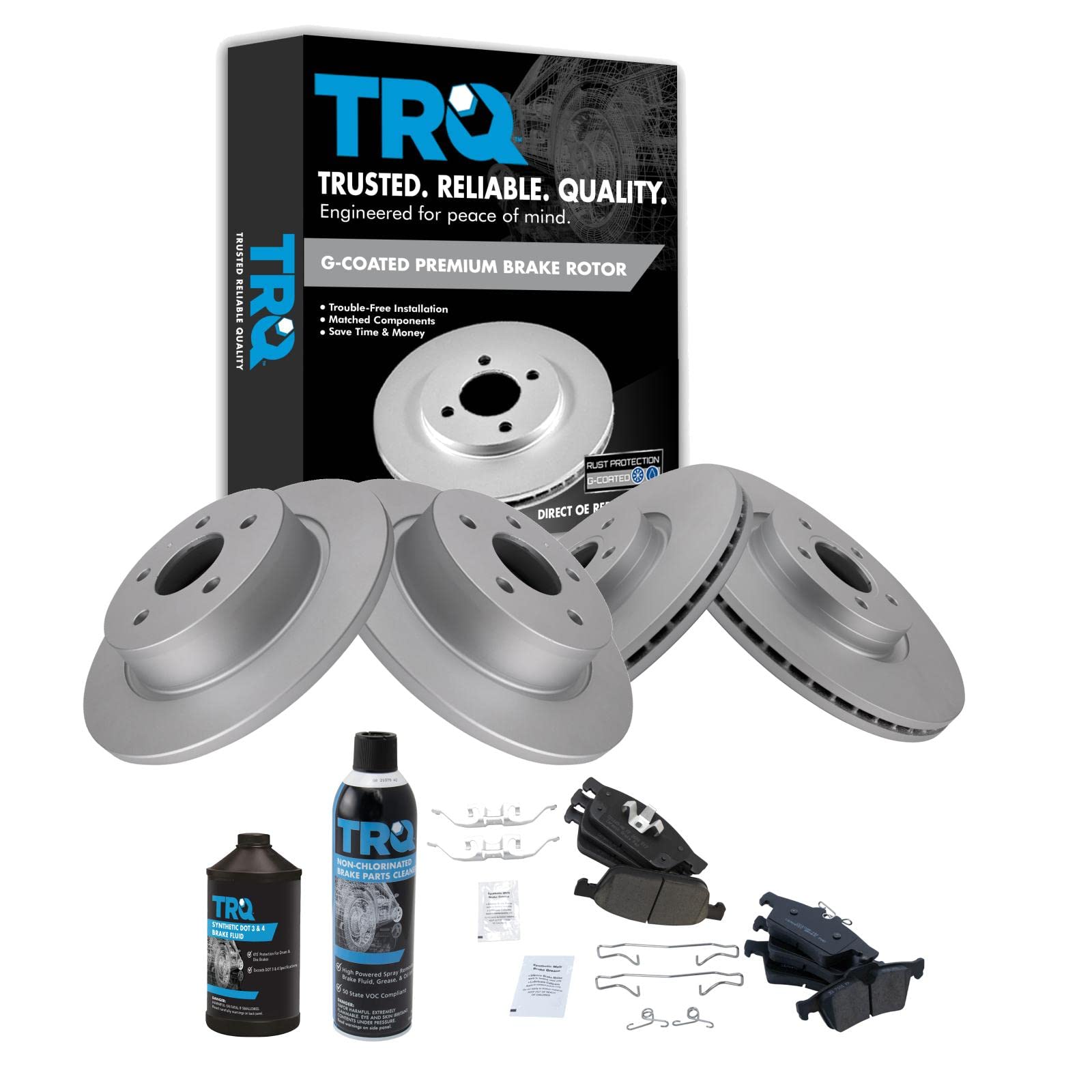 TRQ Front and Rear Brake Pad & Rotor Kit Brake Chemical Kit Brake Pads Brake Rotor Ceramic Solid Premium G-Coated Compatible with 2013-2016 Ford Escape 2014-2018 Transit Connect