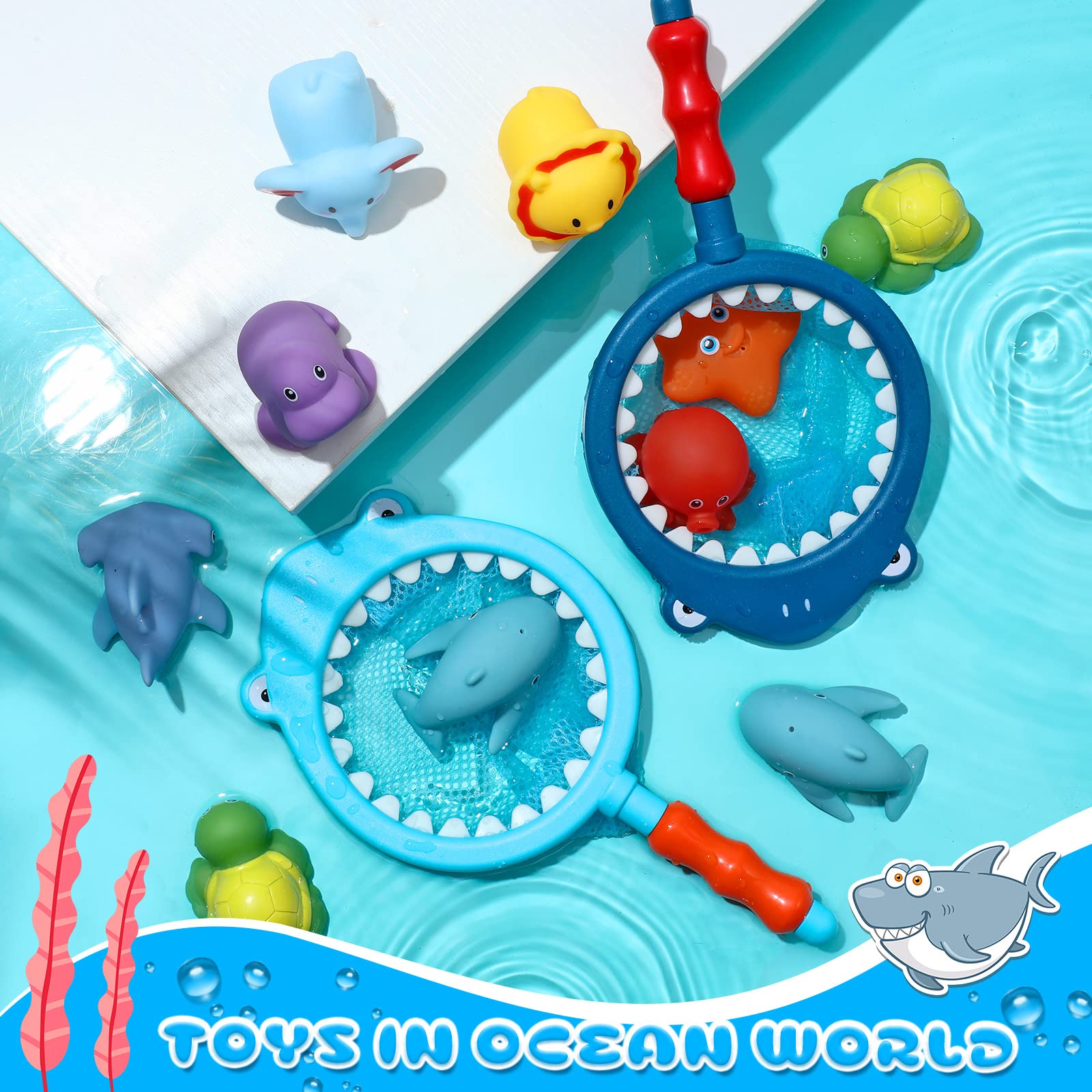 Leitee 14 Pcs Bath Toy Discoloration Water Spraying Floating Animals Shark Fishing Play Set with Fishing Nets Bathtub Squirt Toys for Babies and Kids (Cute)