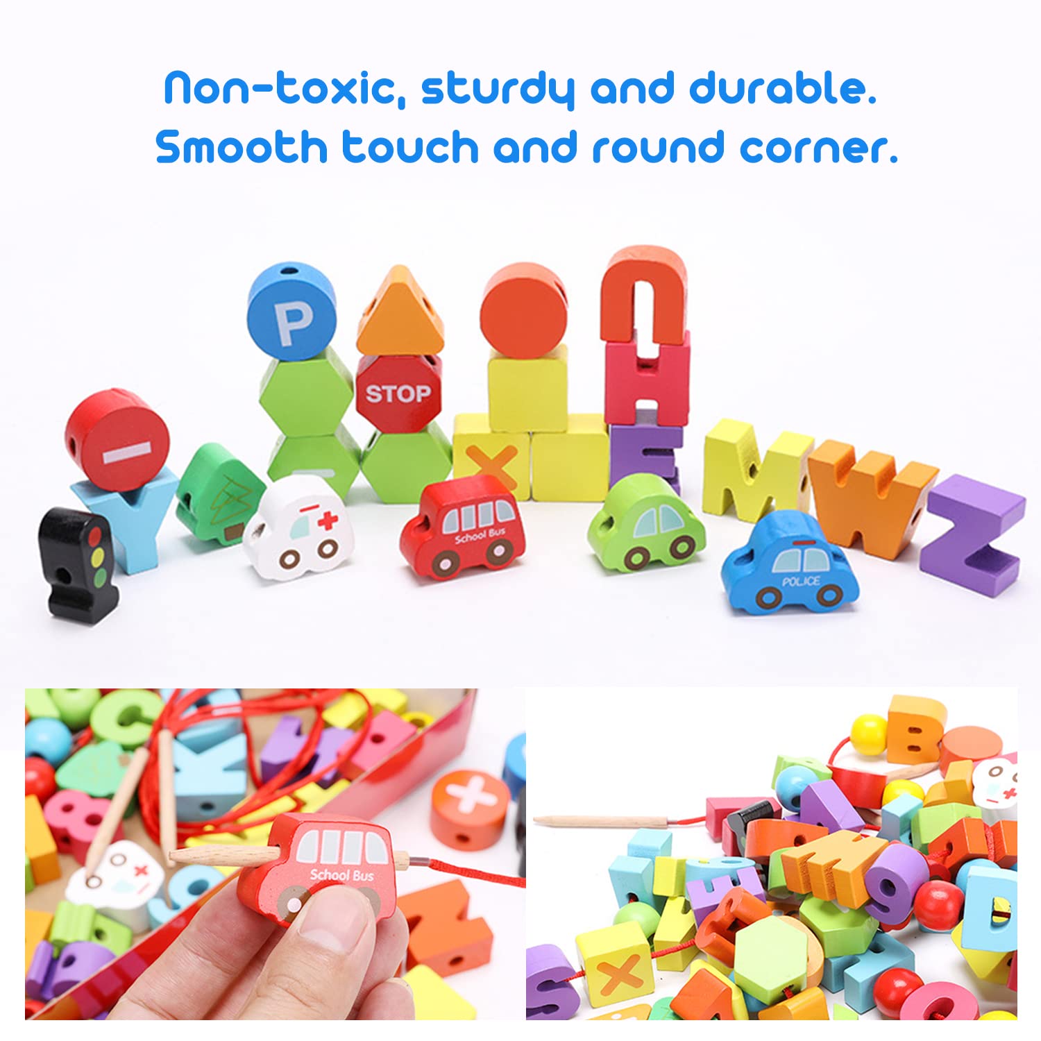 yowings Wooden Lacing Beads, Alphabet Number Stringing Beads Large Lacing Bead Animals Stringing Toy Montessori Toddler Preschool Toys for Toddlers Kid Birthday Gifts