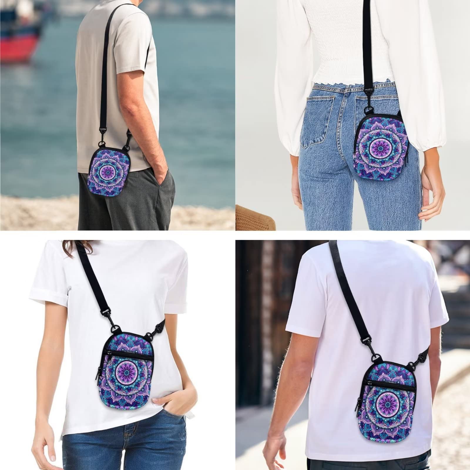 Belidome Purple Mandala Crossbody Bags for Women Girls Travel Messenger Purse Mini Phone Holder Zipper Clouser Lightwieght Waterproof