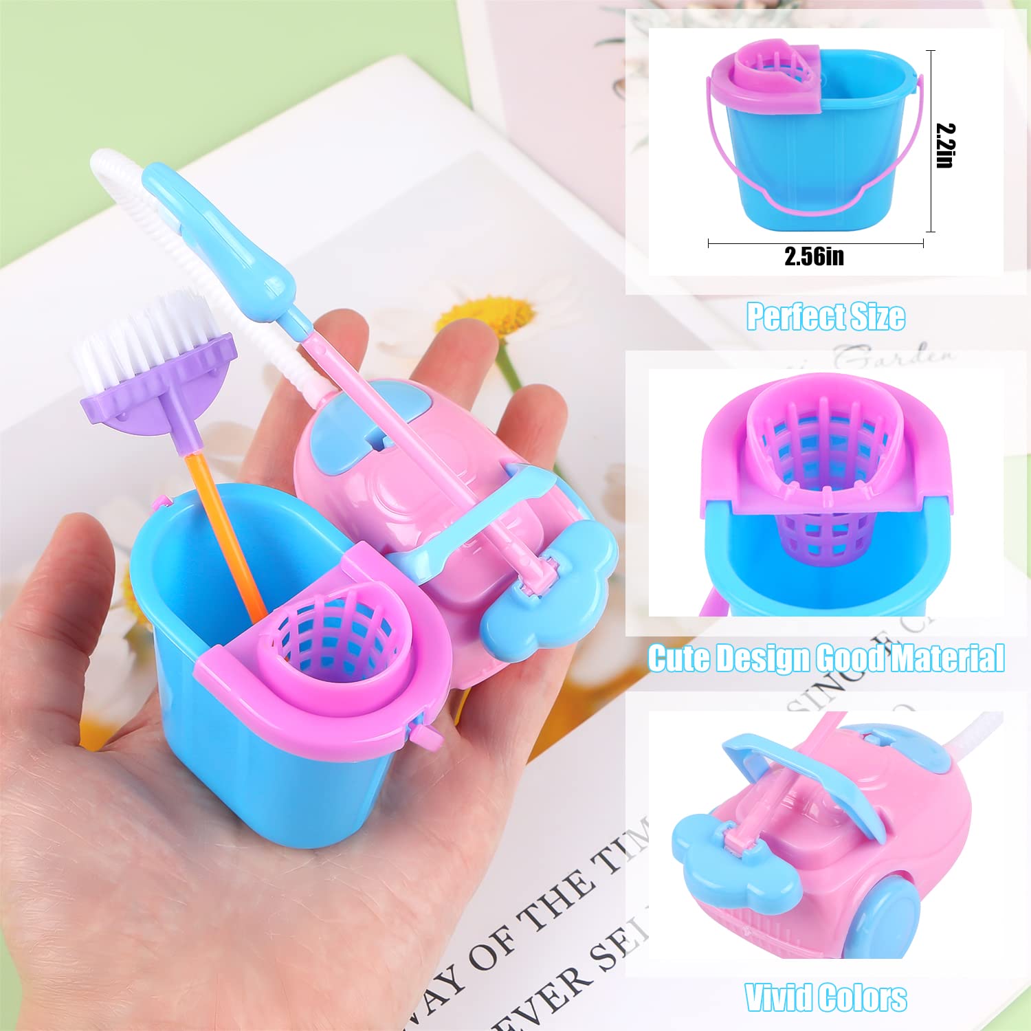 16 Pcs Miniature Dollhouse Cleaning Supplies Mini Bucket Mop Dust Pan Brush Broom Mini Housework Cute Cleaning Supplies Tools Miniature Furniture Dollhouse Decoration Accessories