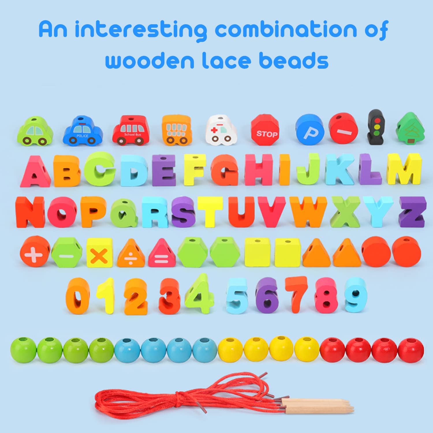 yowings Wooden Lacing Beads, Alphabet Number Stringing Beads Large Lacing Bead Animals Stringing Toy Montessori Toddler Preschool Toys for Toddlers Kid Birthday Gifts