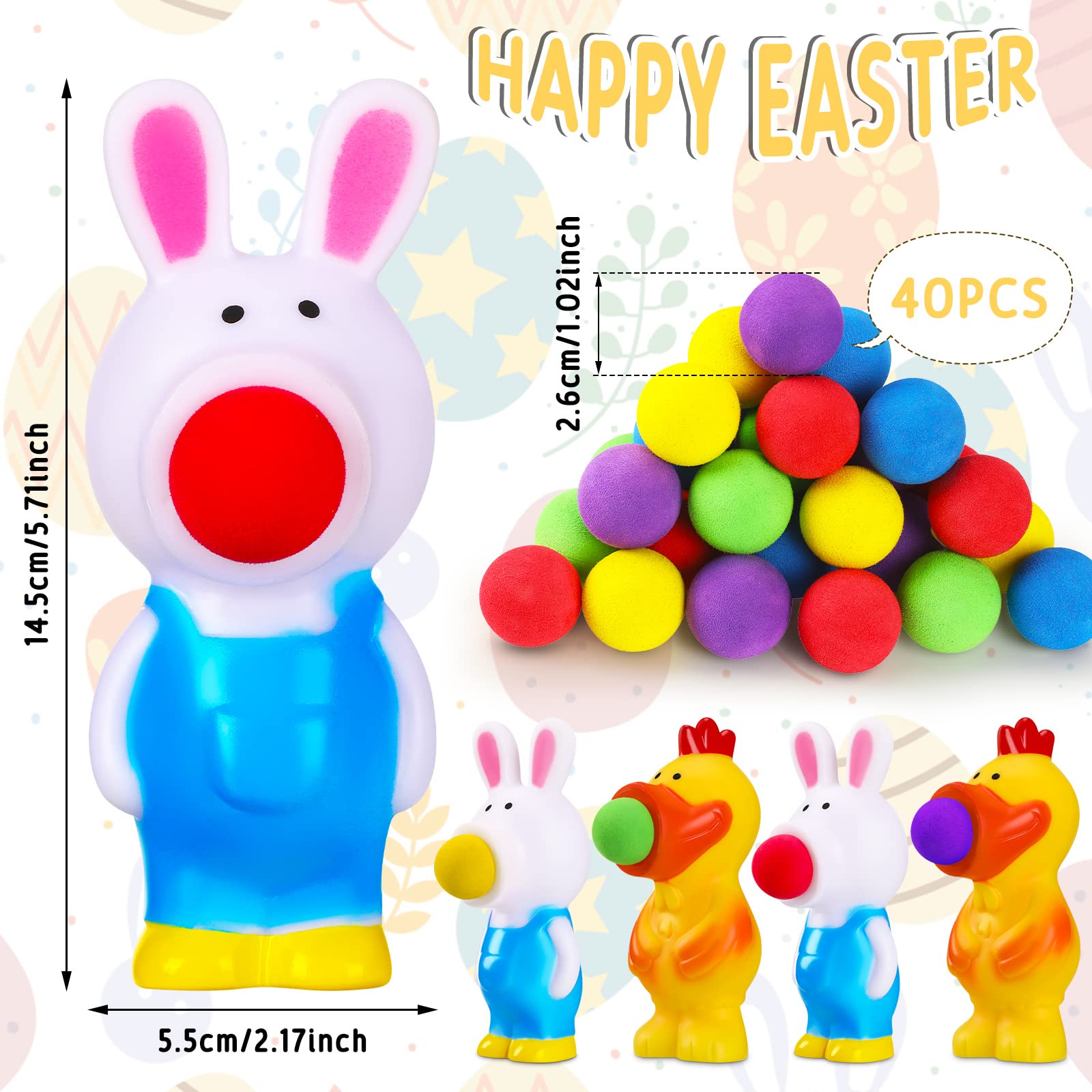 44 Pcs Bunny Easter Toy Easter Shoot Foam Balls 40 Foam Balls for Easter Basket Fillers, Easter Gifts, Easter Games, up to 16 Feet