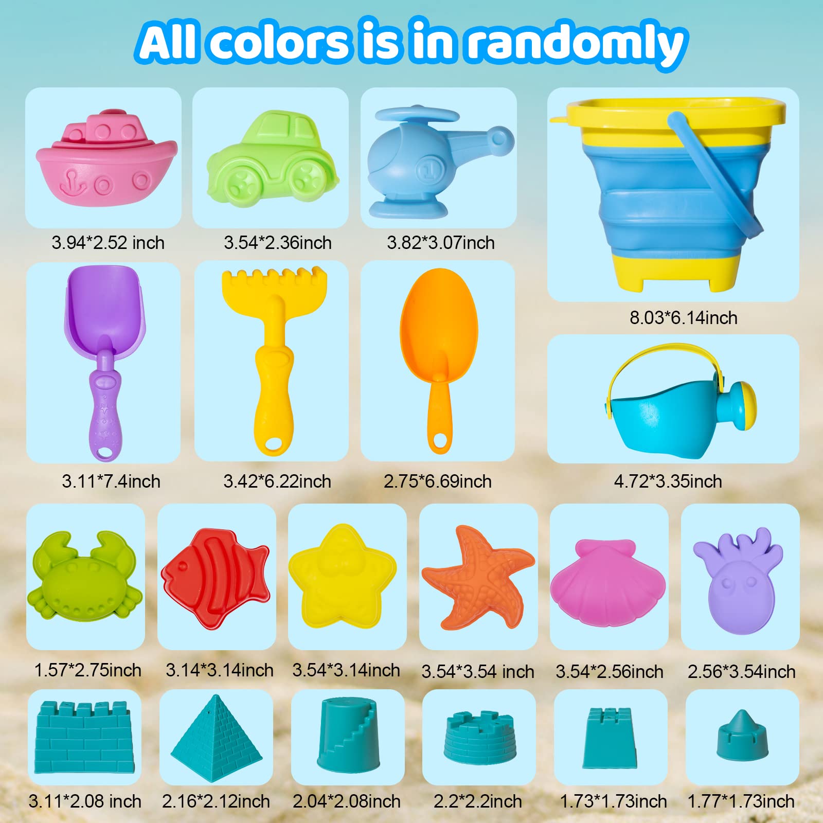 Beach Toy Sand Toy Set for Kids Silicone Foldable Sand Bucket with Summer Mesh Bag, Shovel, Rake, Watering Can, Animal and Castle Sand Molds for Children Outdoor Sandbox Toys for Toddlers Age 3-10