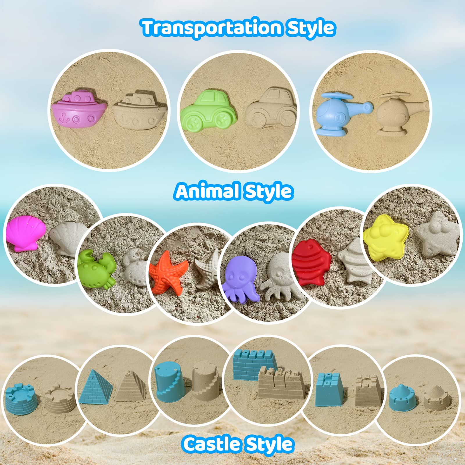 Beach Toy Sand Toy Set for Kids Silicone Foldable Sand Bucket with Summer Mesh Bag, Shovel, Rake, Watering Can, Animal and Castle Sand Molds for Children Outdoor Sandbox Toys for Toddlers Age 3-10