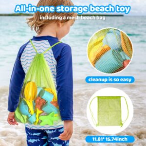 Beach Toy Sand Toy Set for Kids Silicone Foldable Sand Bucket with Summer Mesh Bag, Shovel, Rake, Watering Can, Animal and Castle Sand Molds for Children Outdoor Sandbox Toys for Toddlers Age 3-10