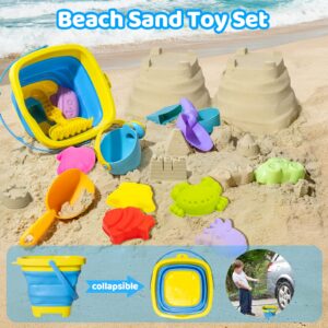 Beach Toy Sand Toy Set for Kids Silicone Foldable Sand Bucket with Summer Mesh Bag, Shovel, Rake, Watering Can, Animal and Castle Sand Molds for Children Outdoor Sandbox Toys for Toddlers Age 3-10