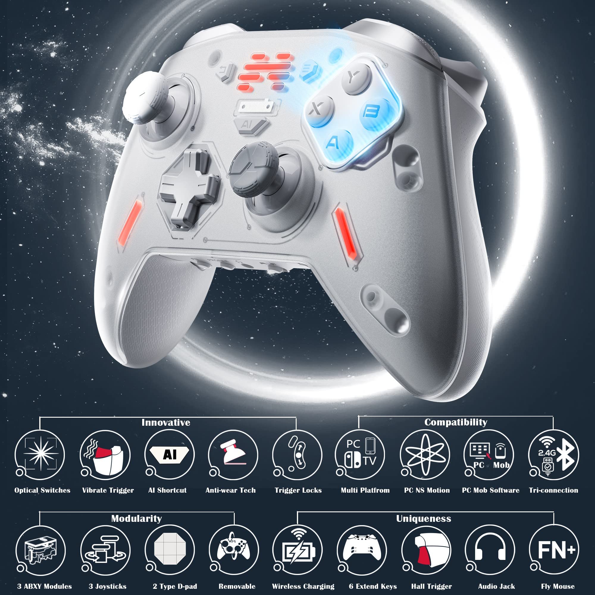 BEITONG Zeus 2 Elite Wireless Controller for PC Windows,Steam Deck,Android,Switch Gaming,Customize Module Assembly/Optical Buttons/1000 mAh/Motion Control/Vibratable Triggers (Galaxy Silver)