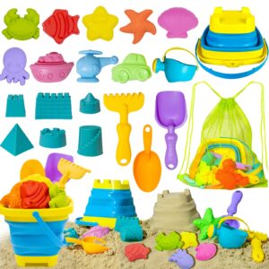 beach toy sand toy set for kids silicone foldable sand bucket with summer mesh bag, shovel, rake, watering can, animal and castle sand molds for children outdoor sandbox toys for toddlers age 3-10