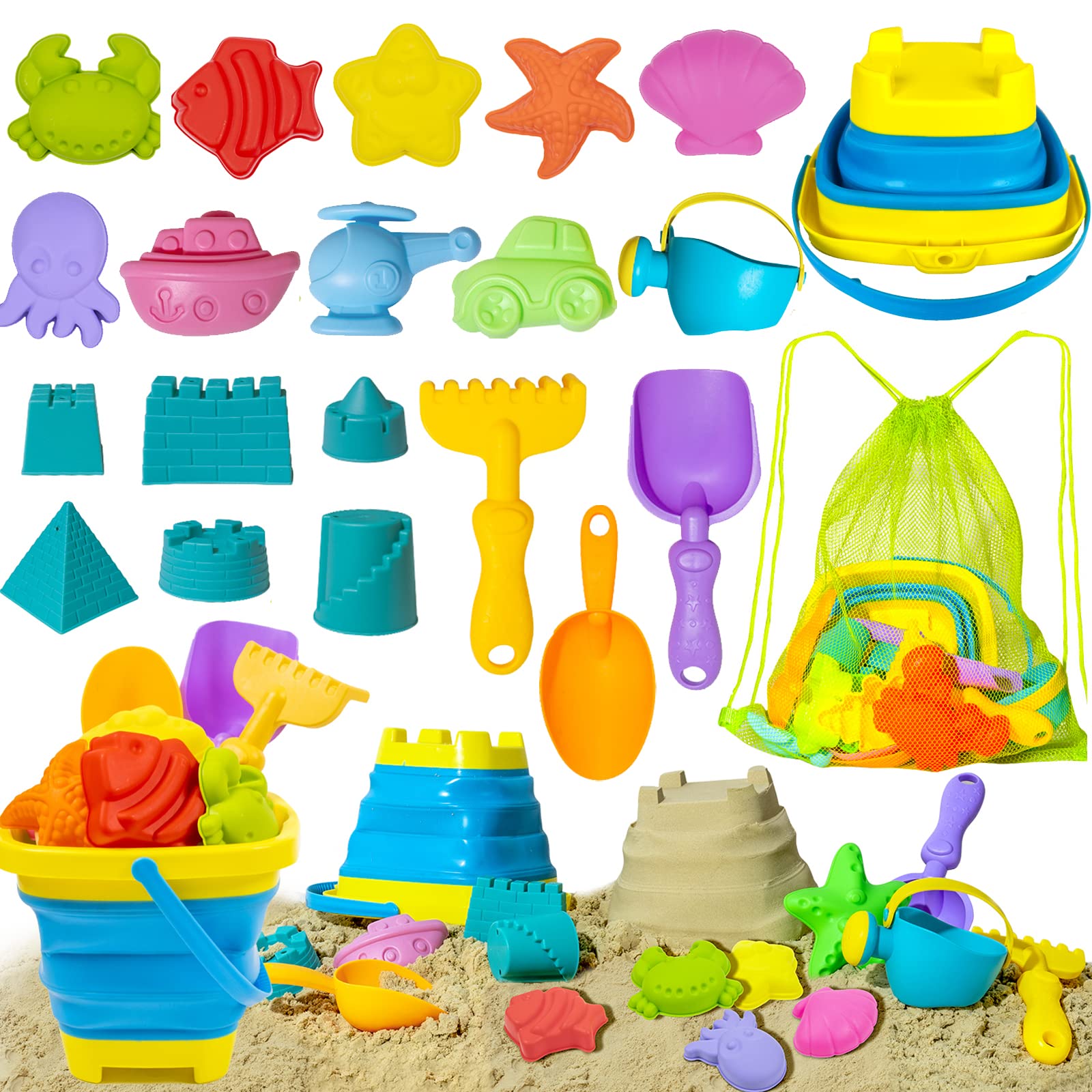 Beach Toy Sand Toy Set for Kids Silicone Foldable Sand Bucket with Summer Mesh Bag, Shovel, Rake, Watering Can, Animal and Castle Sand Molds for Children Outdoor Sandbox Toys for Toddlers Age 3-10