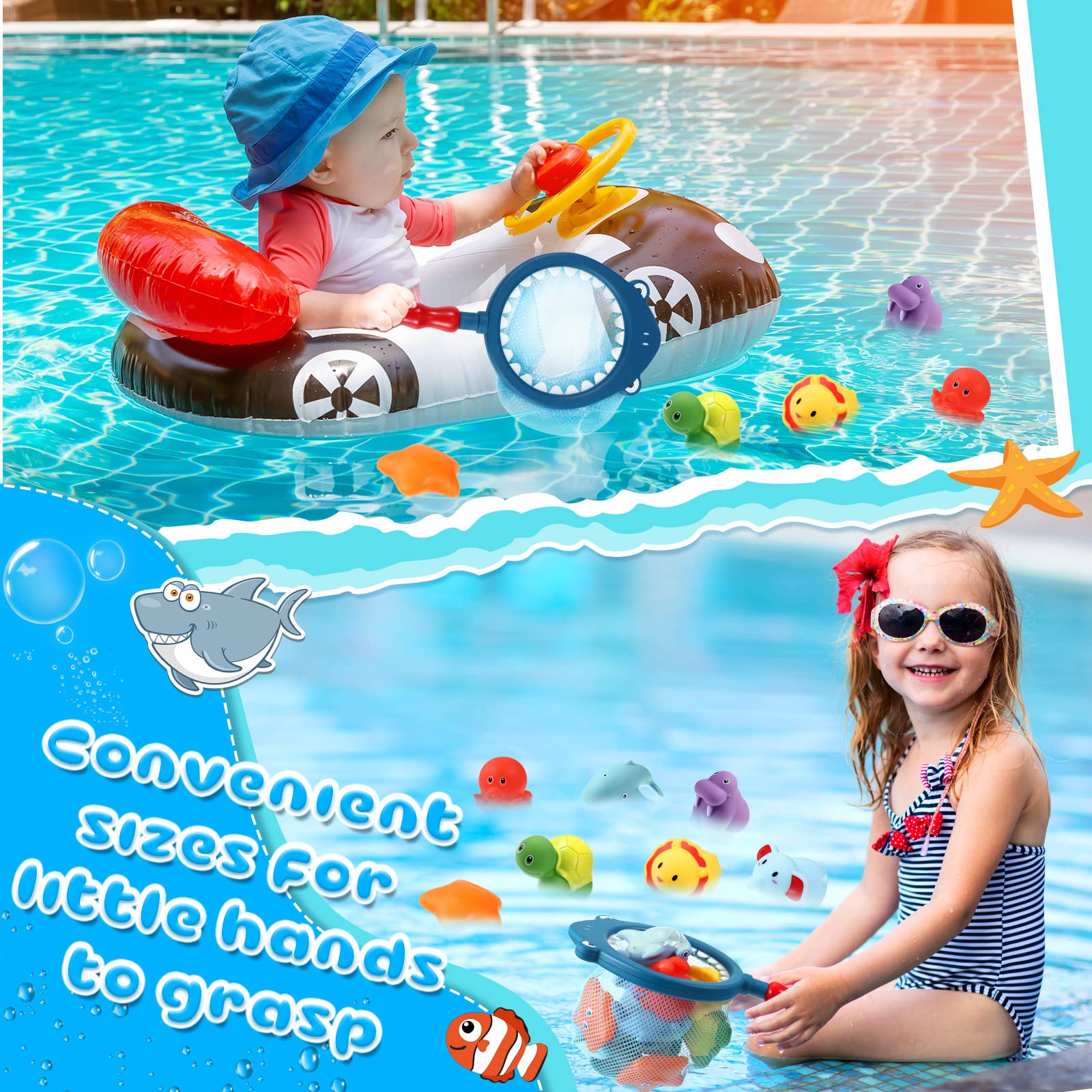 Leitee 14 Pcs Bath Toy Discoloration Water Spraying Floating Animals Shark Fishing Play Set with Fishing Nets Bathtub Squirt Toys for Babies and Kids (Cute)