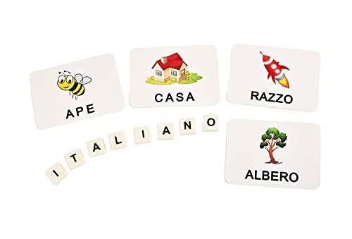 BOHS Italian Literacy Wiz Fun Game - See and Hide Spelling - 60 Flash Cards - Preschool Language Learning Educational Toys