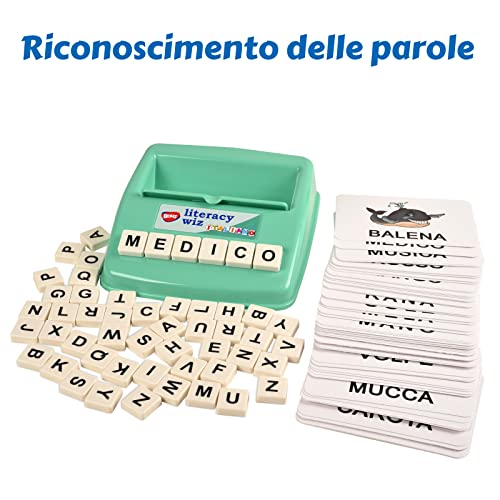 BOHS Italian Literacy Wiz Fun Game - See and Hide Spelling - 60 Flash Cards - Preschool Language Learning Educational Toys