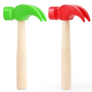 2 Pack Wooden Hammer Toys Simulation Hammers Maintenance Tools Educational Toys for Kids Birthday Party Games Supplies (Red + Green)