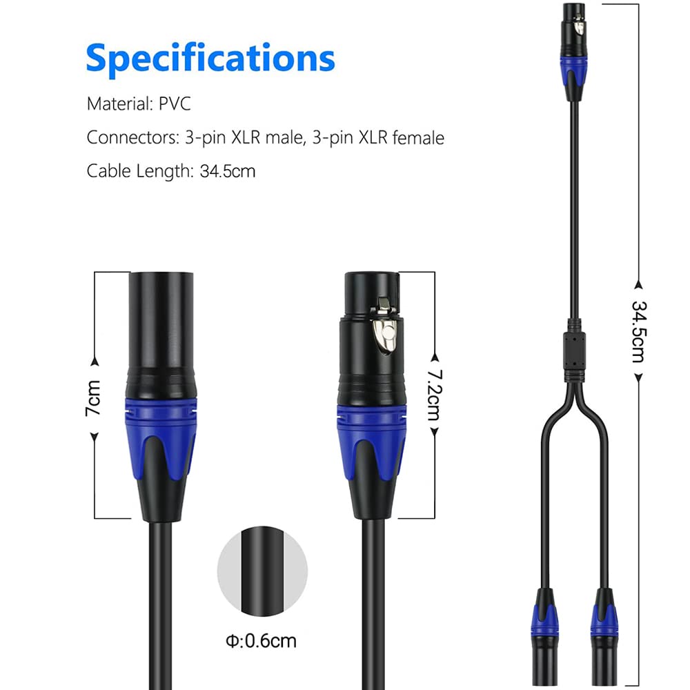 HUYEOOG XLR Splitter Cable，1Female to2 Male XLR Connector Splitter, 3-pin XLR Female to Dual XLR Male Cable for Balanced Mic Audio, Ideal for Stereo Mic Connection (11.8 Inches)