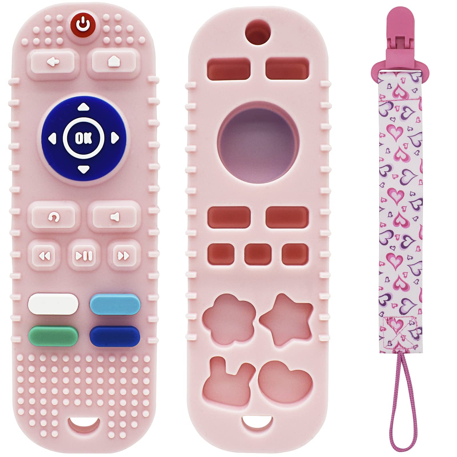 Remote Control Teether Toy for Babies 6 to 12 Months,Baby Teething Toys Tv Remote Shape with Pacifier Clip（Pink）