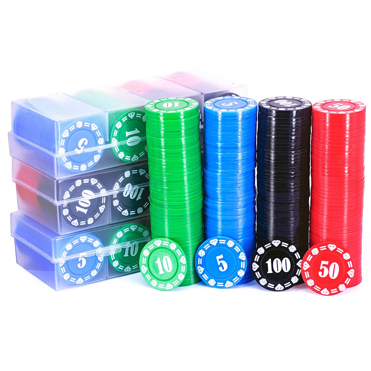 Plastic Poker Chips 300 Poker Chip Set with Storage Box,Denomination Printed Casino Style Chip for Texas Home Game Nights,Holdem Poker Nights,Blackjack or Roulette Games,Casino Parties (300 pcs)