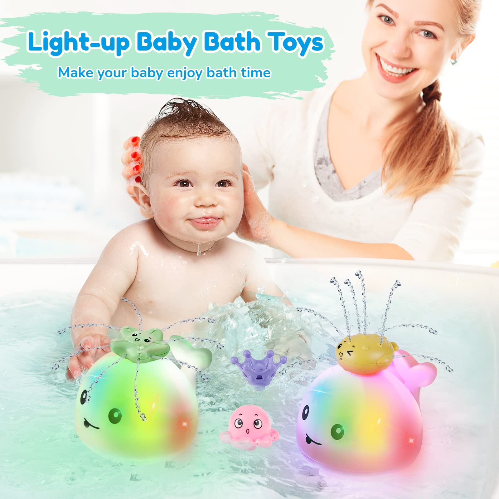 Baby Bath Toys: ToyoFun Whale Bath Toys with 4 Water Spraying Modes Light Up Sprinkler Bath Toys for Toddler 1-3 Automatic Fountain Bathtub Toys for Boys Girls Kids Infant Bathroom Pool Swimming Gift