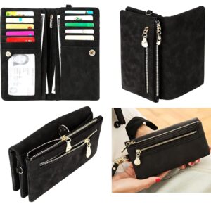 Soft Leather Long Wallet Wristlet with hand Strap Clutch Bag for Women Card holder Phone Bag (Black)