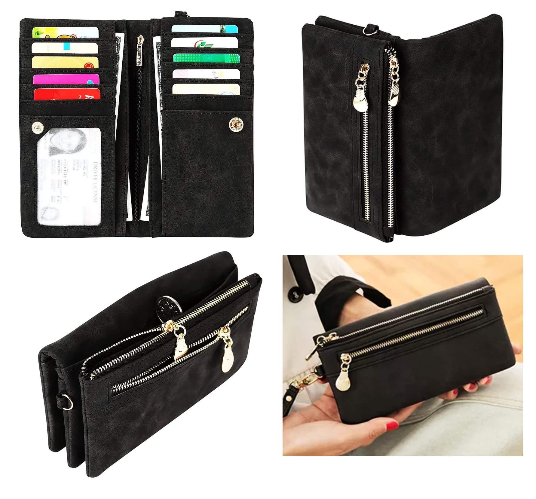 Soft Leather Long Wallet Wristlet with hand Strap Clutch Bag for Women Card holder Phone Bag (Black)