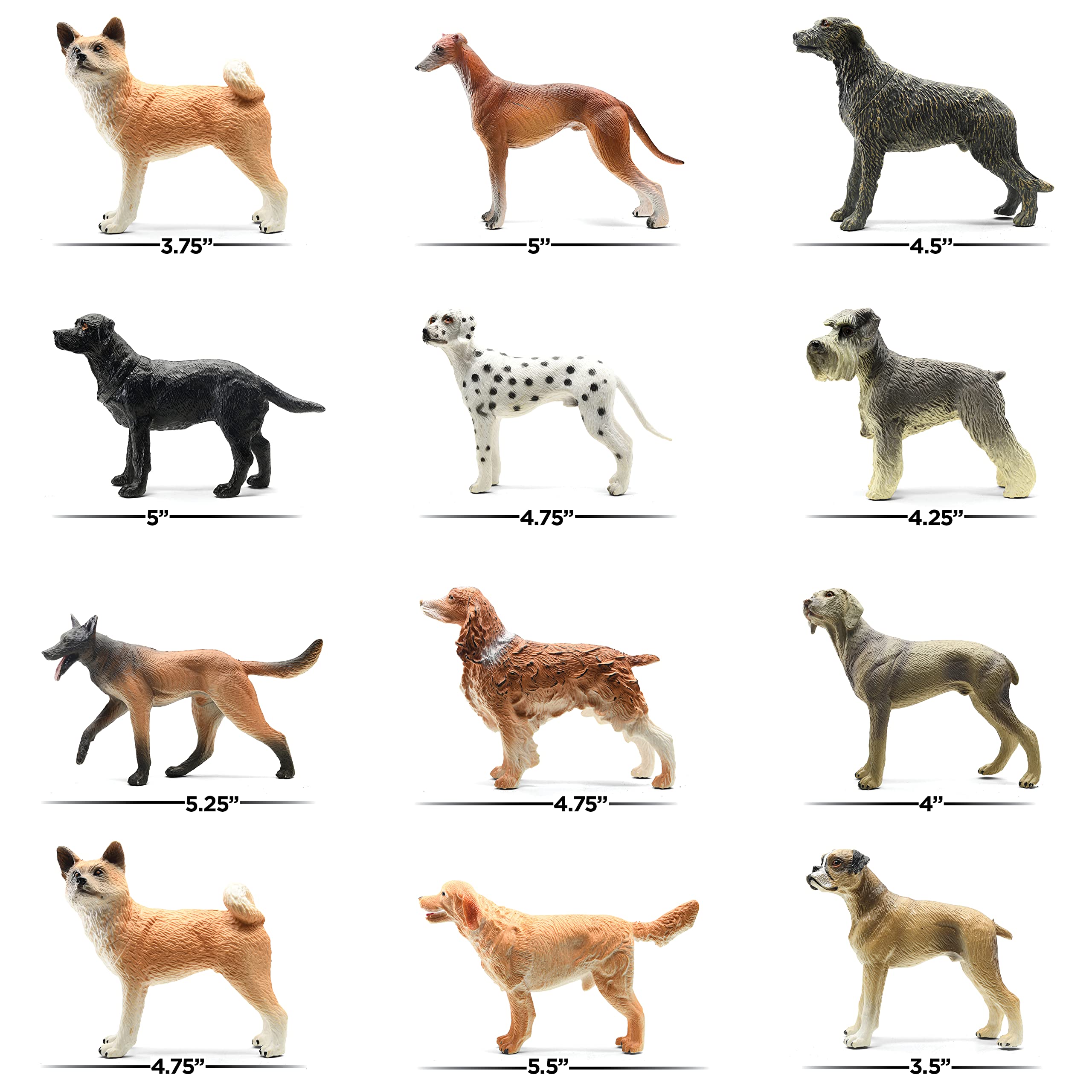 stargo Friendly Dog Figurines for Kids and Toddlers - Plastic Dogs Set of 12 Realistic Play Figures - Non-Toxic Cake Topper, Farm Animal Figurines, 3.5"x5", Age 3+