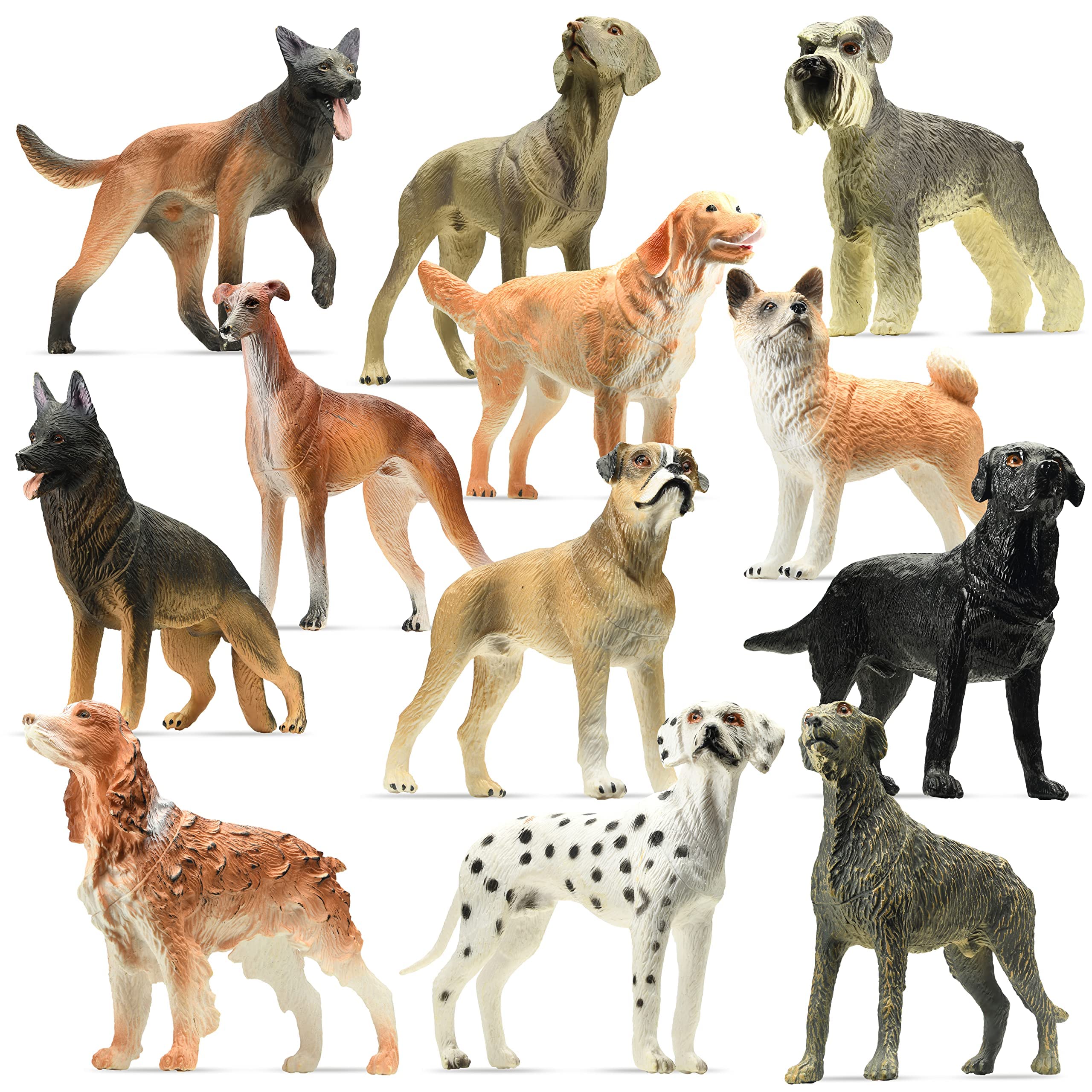 stargo Friendly Dog Figurines for Kids and Toddlers - Plastic Dogs Set of 12 Realistic Play Figures - Non-Toxic Cake Topper, Farm Animal Figurines, 3.5"x5", Age 3+